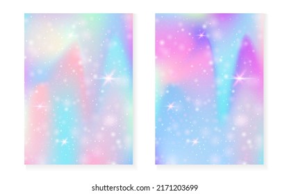 Magic background with princess rainbow gradient. Kawaii unicorn hologram. Holographic fairy set. Multicolor fantasy cover. Magic background with sparkles and stars for cute girl party invitation.