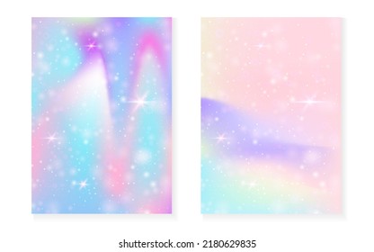 Magic background with princess rainbow gradient. Kawaii unicorn hologram. Holographic fairy set. Bright fantasy cover. Magic background with sparkles and stars for cute girl party invitation.