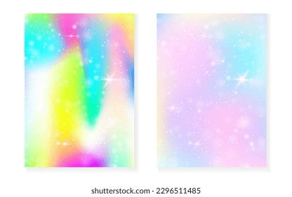 Fondo mágico con gradiente de arco iris princesa. Holograma de Kawaii unicornio. Juego de hadas holográficas. Cubierta creativa de fantasía. Fondo mágico con brillantes y estrellas para la linda invitación a fiesta de chicas.