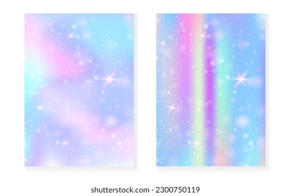 Magic background with princess rainbow gradient. Kawaii unicorn hologram. Holographic fairy set. Colorful fantasy cover. Magic background with sparkles and stars for cute girl party invitation.