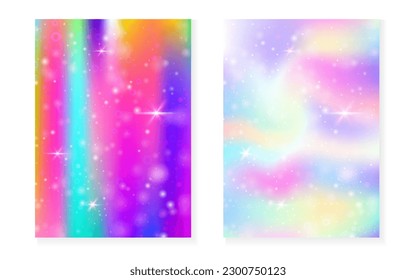 Magic background with princess rainbow gradient. Kawaii unicorn hologram. Holographic fairy set. Colorful fantasy cover. Magic background with sparkles and stars for cute girl party invitation.