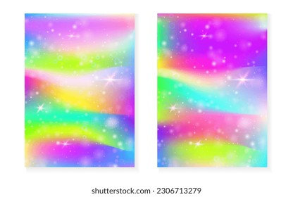 Magic background with princess rainbow gradient. Kawaii unicorn hologram. Holographic fairy set. Vibrant fantasy cover. Magic background with sparkles and stars for cute girl party invitation.