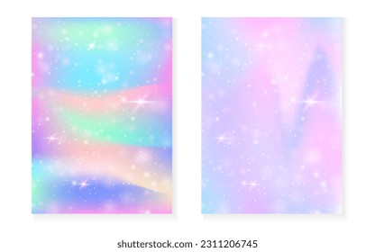 Magic background with princess rainbow gradient. Kawaii unicorn hologram. Holographic fairy set. Bright fantasy cover. Magic background with sparkles and stars for cute girl party invitation.