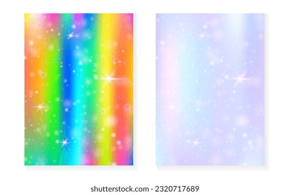 Magic background with princess rainbow gradient. Kawaii unicorn hologram. Holographic fairy set. Bright fantasy cover. Magic background with sparkles and stars for cute girl party invitation. - Shutterstock ID 2320717689