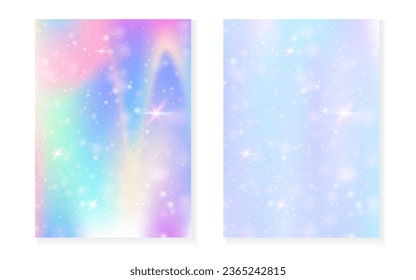Magic background with princess rainbow gradient. Kawaii unicorn hologram. Holographic fairy set. Trendy fantasy cover. Magic background with sparkles and stars for cute girl party invitation.