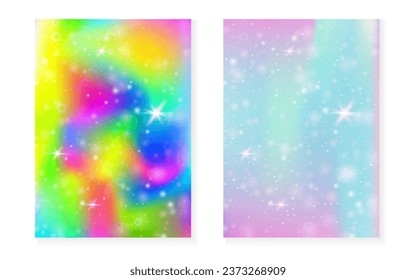Magic background with princess rainbow gradient. Kawaii unicorn hologram. Holographic fairy set. Colorful fantasy cover. Magic background with sparkles and stars for cute girl party invitation.