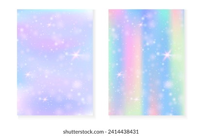 Magic background with princess rainbow gradient. Kawaii unicorn hologram. Holographic fairy set. Colorful fantasy cover. Magic background with sparkles and stars for cute girl party invitation.