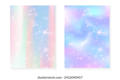 Magic background with princess rainbow gradient. Kawaii unicorn hologram. Holographic fairy set. Mystical fantasy cover. Magic background with sparkles and stars for cute girl party invitation.