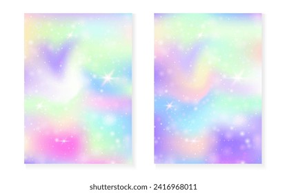 Magischer Hintergrund mit Prinzessin-Regenbogen-Farbverlauf. Kawaii Einhornhologramm. Holografisches Märchenset. Kreatives Fantasy-Cover. Zauberhafter Hintergrund mit Funkeln und Sternen für eine süße Girl-Party-Einladung.