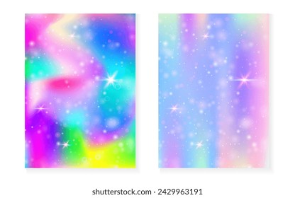 Magic background with princess rainbow gradient. Kawaii unicorn hologram. Holographic fairy set. Bright fantasy cover. Magic background with sparkles and stars for cute girl party invitation.