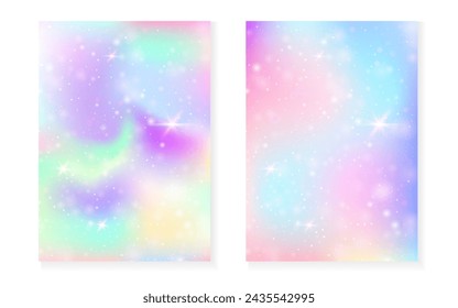 Magic background with princess rainbow gradient. Kawaii unicorn hologram. Holographic fairy set. Trendy fantasy cover. Magic background with sparkles and stars for cute girl party invitation.