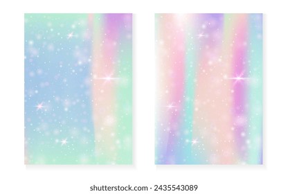 Magic background with princess rainbow gradient. Kawaii unicorn hologram. Holographic fairy set. Spectrum fantasy cover. Magic background with sparkles and stars for cute girl party invitation.
