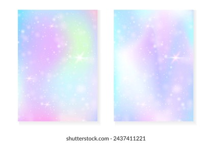 Magic background with princess rainbow gradient. Kawaii unicorn hologram. Holographic fairy set. Spectrum fantasy cover. Magic background with sparkles and stars for cute girl party invitation.