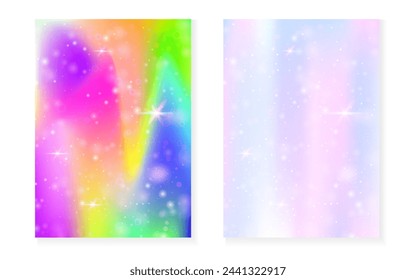 Magic background with princess rainbow gradient. Kawaii unicorn hologram. Holographic fairy set. Spectrum fantasy cover. Magic background with sparkles and stars for cute girl party invitation.