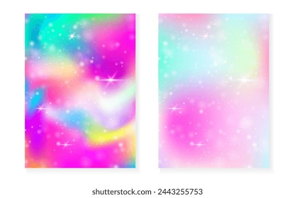 Magic background with princess rainbow gradient. Kawaii unicorn hologram. Holographic fairy set. Creative fantasy cover. Magic background with sparkles and stars for cute girl party invitation.