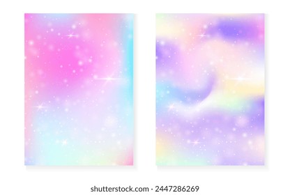 Fondo mágico con gradiente de arco iris princesa. Holograma de unicornio Kawaii. Juego de hadas holográficas. Cubierta de fantasía fluorescente. Fondo mágico con destellos y estrellas para la invitación linda de la fiesta de la muchacha.