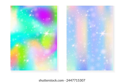 Magic background with princess rainbow gradient. Kawaii unicorn hologram. Holographic fairy set. Trendy fantasy cover. Magic background with sparkles and stars for cute girl party invitation.