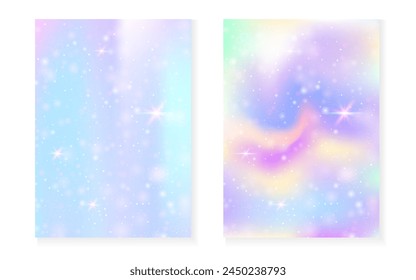 Magic background with princess rainbow gradient. Kawaii unicorn hologram. Holographic fairy set. Mystical fantasy cover. Magic background with sparkles and stars for cute girl party invitation.