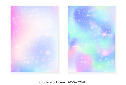 Magic background with princess rainbow gradient. Kawaii unicorn hologram. Holographic fairy set. Creative fantasy cover. Magic background with sparkles and stars for cute girl party invitation.
