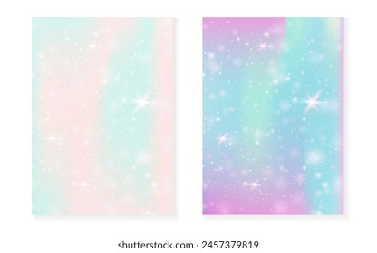 Fondo mágico con gradiente de arco iris princesa. Holograma de unicornio Kawaii. Juego de hadas holográficas. Cubierta de fantasía fluorescente. Fondo mágico con destellos y estrellas para la invitación linda de la fiesta de la muchacha.