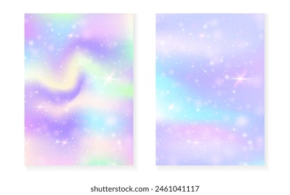 Magic background with princess rainbow gradient. Kawaii unicorn hologram. Holographic fairy set. Mystical fantasy cover. Magic background with sparkles and stars for cute girl party invitation.