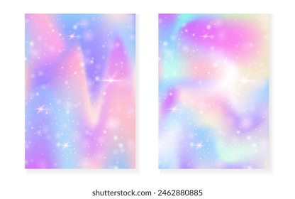 Magic background with princess rainbow gradient. Kawaii unicorn hologram. Holographic fairy set. Bright fantasy cover. Magic background with sparkles and stars for cute girl party invitation.