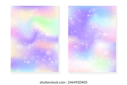 Magic background with princess rainbow gradient. Kawaii unicorn hologram. Holographic fairy set. Bright fantasy cover. Magic background with sparkles and stars for cute girl party invitation.
