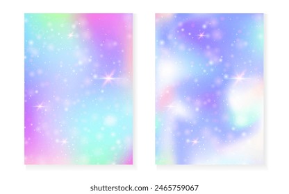 Fondo mágico con gradiente de arco iris princesa. Holograma de unicornio Kawaii. Juego de hadas holográficas. Cubierta de fantasía multicolor. Fondo mágico con destellos y estrellas para la invitación linda de la fiesta de la muchacha.