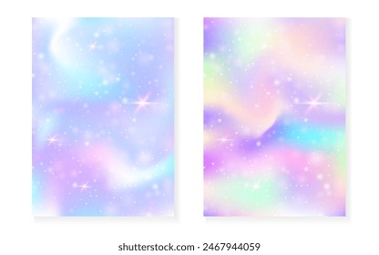 Magic background with princess rainbow gradient. Kawaii unicorn hologram. Holographic fairy set. Vibrant fantasy cover. Magic background with sparkles and stars for cute girl party invitation.