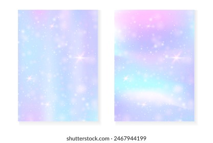 Magic background with princess rainbow gradient. Kawaii unicorn hologram. Holographic fairy set. Bright fantasy cover. Magic background with sparkles and stars for cute girl party invitation.