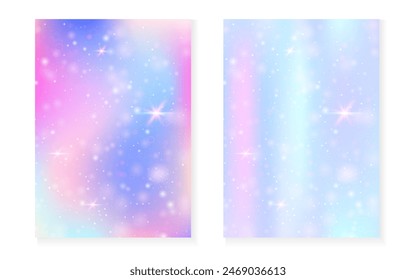 Magic background with princess rainbow gradient. Kawaii unicorn hologram. Holographic fairy set. Trendy fantasy cover. Magic background with sparkles and stars for cute girl party invitation.