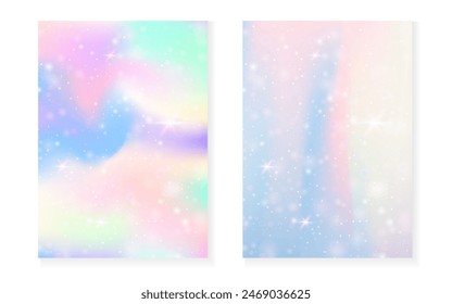 Magic background with princess rainbow gradient. Kawaii unicorn hologram. Holographic fairy set. Fluorescent fantasy cover. Magic background with sparkles and stars for cute girl party invitation.