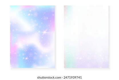 Magic background with princess rainbow gradient. Kawaii unicorn hologram. Holographic fairy set. Creative fantasy cover. Magic background with sparkles and stars for cute girl party invitation.