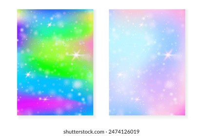 Magic background with princess rainbow gradient. Kawaii unicorn hologram. Holographic fairy set. Trendy fantasy cover. Magic background with sparkles and stars for cute girl party invitation.