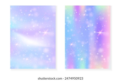 Fondo mágico con gradiente de arco iris princesa. Holograma de unicornio Kawaii. Juego de hadas holográficas. Cubierta de fantasía fluorescente. Fondo mágico con destellos y estrellas para la invitación linda de la fiesta de la muchacha.