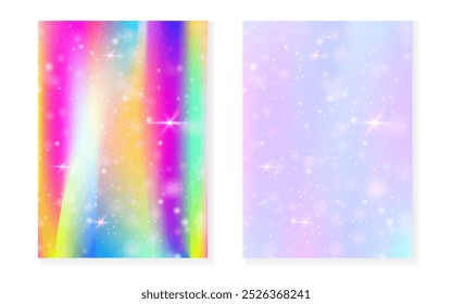 Magic background with princess rainbow gradient. Kawaii unicorn hologram. Holographic fairy set. Multicolor fantasy cover. Magic background with sparkles and stars for cute girl party invitation.