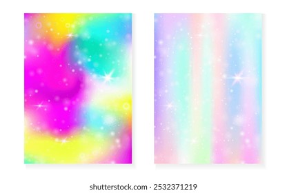 Magic background with princess rainbow gradient. Kawaii unicorn hologram. Holographic fairy set. Multicolor fantasy cover. Magic background with sparkles and stars for cute girl party invitation.