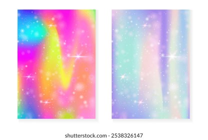 Fundo mágico com gradiente de arco-íris princesa. Holograma de unicórnio de Kawaii. Conjunto de fadas holográfico. Capa de fantasia mística. Fundo mágico com brilhos e estrelas para o convite bonito da festa da menina.