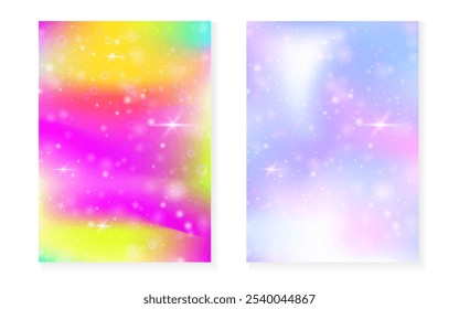 Magic background with princess rainbow gradient. Kawaii unicorn hologram. Holographic fairy set. Stylish fantasy cover. Magic background with sparkles and stars for cute girl party invitation.