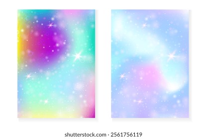 Magic background with princess rainbow gradient. Kawaii unicorn hologram.