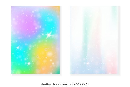 Magic background with princess rainbow gradient. Kawaii unicorn hologram.