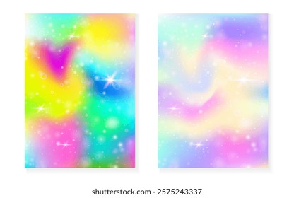 Magic background with princess rainbow gradient. Kawaii unicorn hologram.