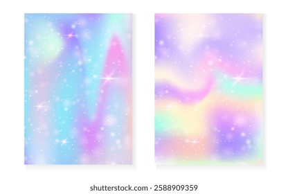 Magic background with princess rainbow gradient. Kawaii unicorn hologram.