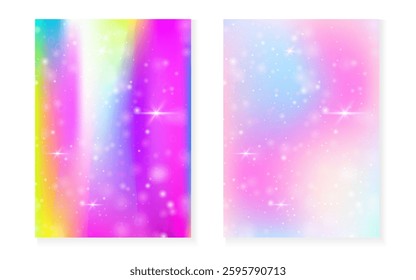 Magic background with princess rainbow gradient. Kawaii unicorn hologram.