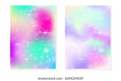Magic background with princess rainbow gradient. Kawaii unicorn hologram.