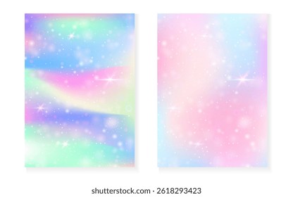 Magic background with princess rainbow gradient. Kawaii unicorn hologram.