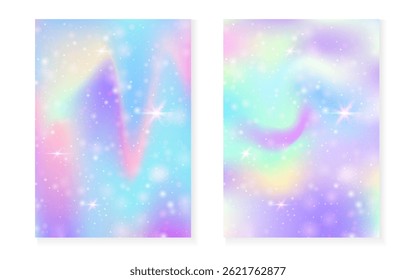 Fundo mágico com gradiente de arco-íris princesa. Holograma de unicórnio de Kawaii.