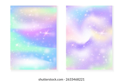 Magic background with princess rainbow gradient. Kawaii unicorn hologram.