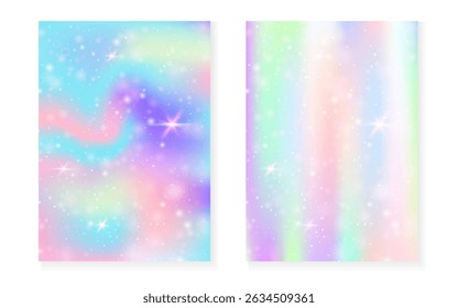 Magic background with princess rainbow gradient. Kawaii unicorn hologram.