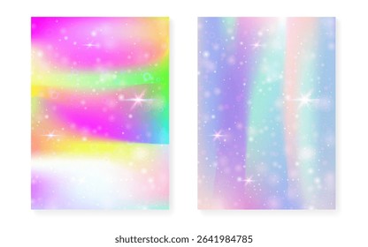Magic background with princess rainbow gradient. Kawaii unicorn hologram.